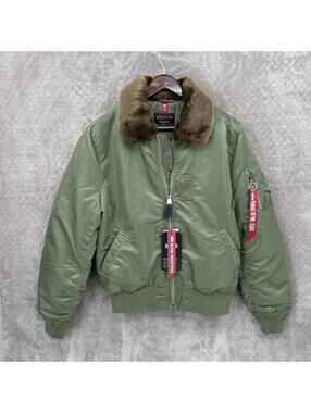 Alpha Industries Jacket Mens Large Green B-15 Bomber Faux Fur Collar Slim Fit